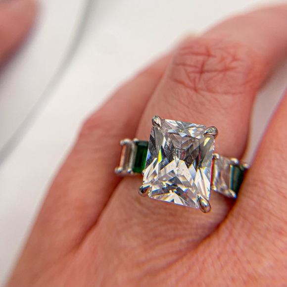 Silver Tone Radiant Cut Cubic Zirconia with Rainbow Stone on Band Size 5.25 - Picture 8 of 10